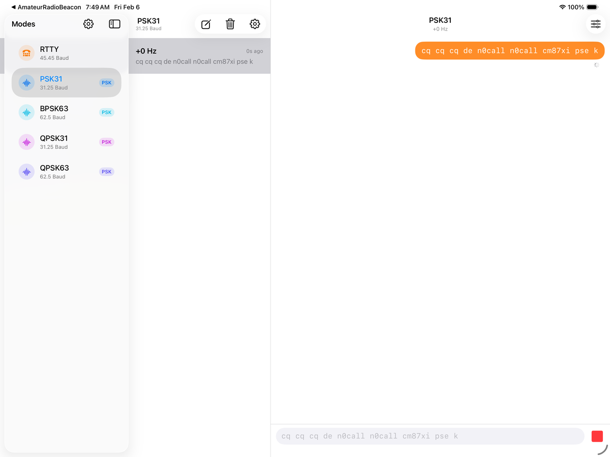 PSK31 transmitting on iPad