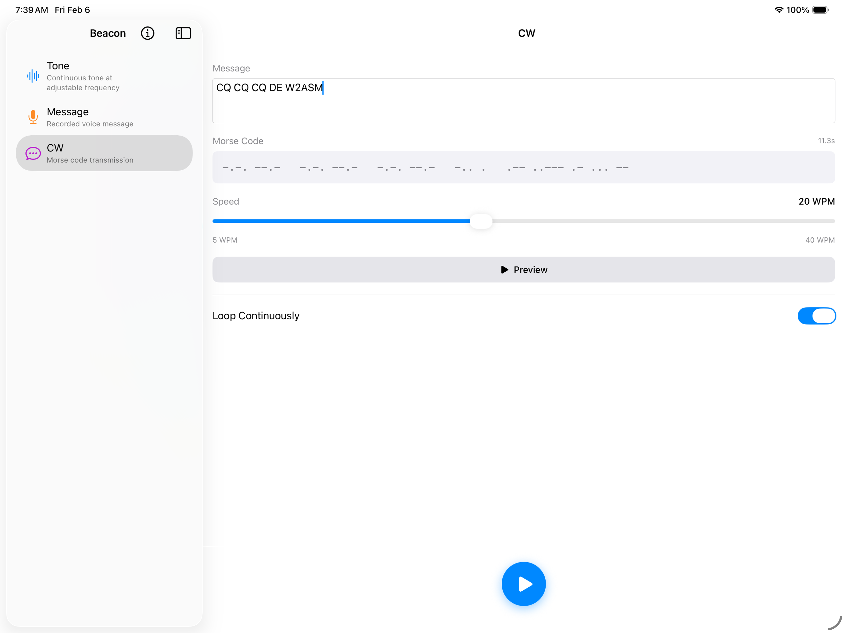 iPad - CW mode with Morse code message input and speed controls