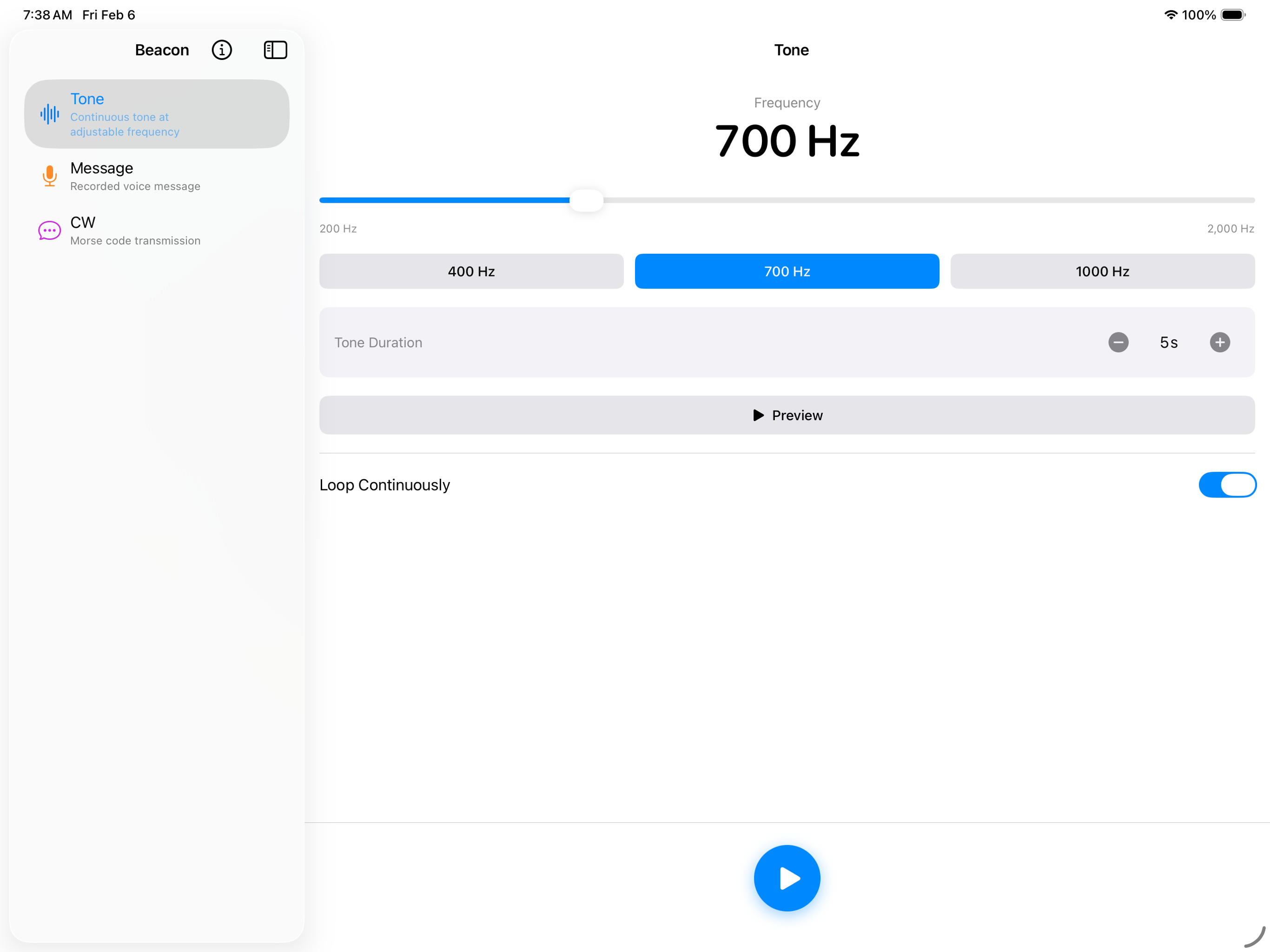 iPad - Tone mode with sidebar navigation and frequency controls