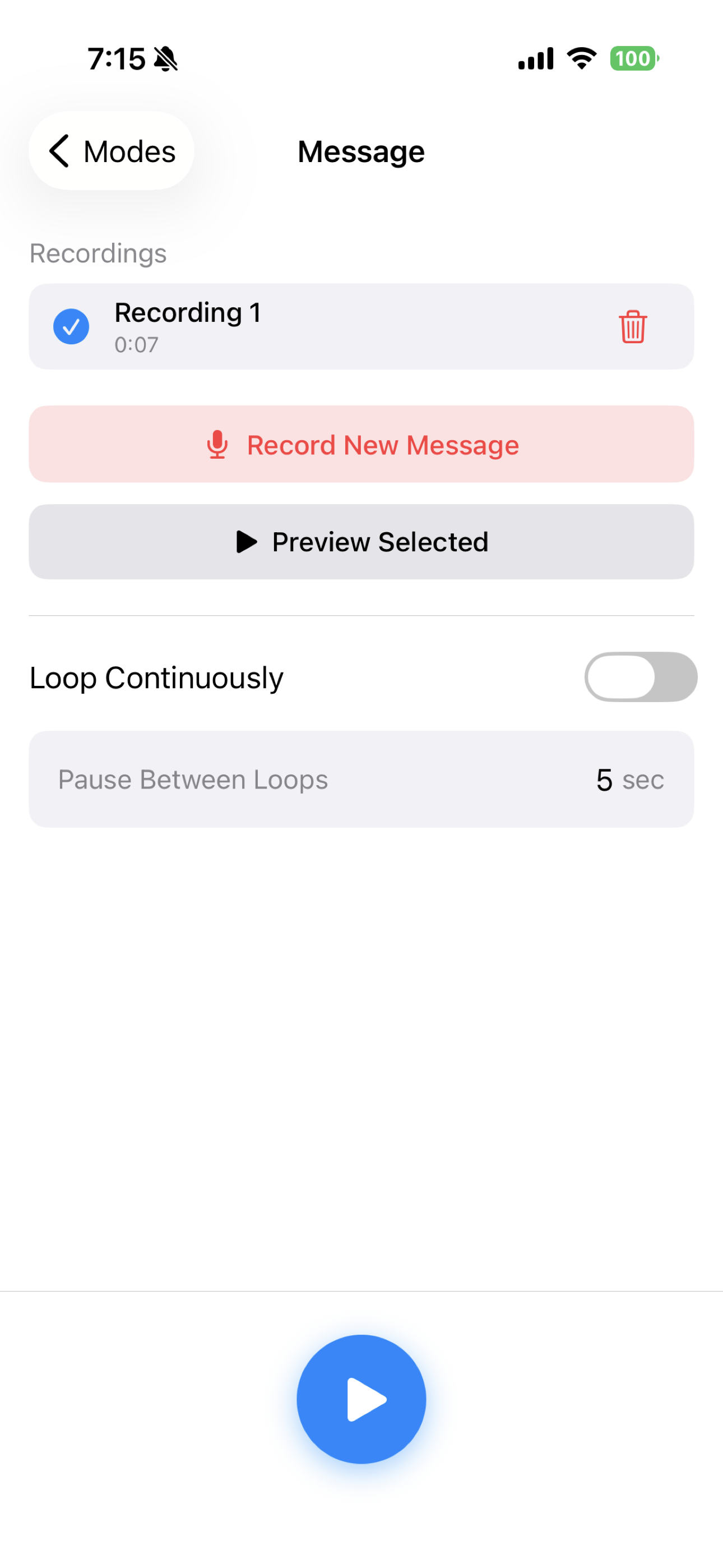 iPhone - Voice Message mode with recording list and loop controls