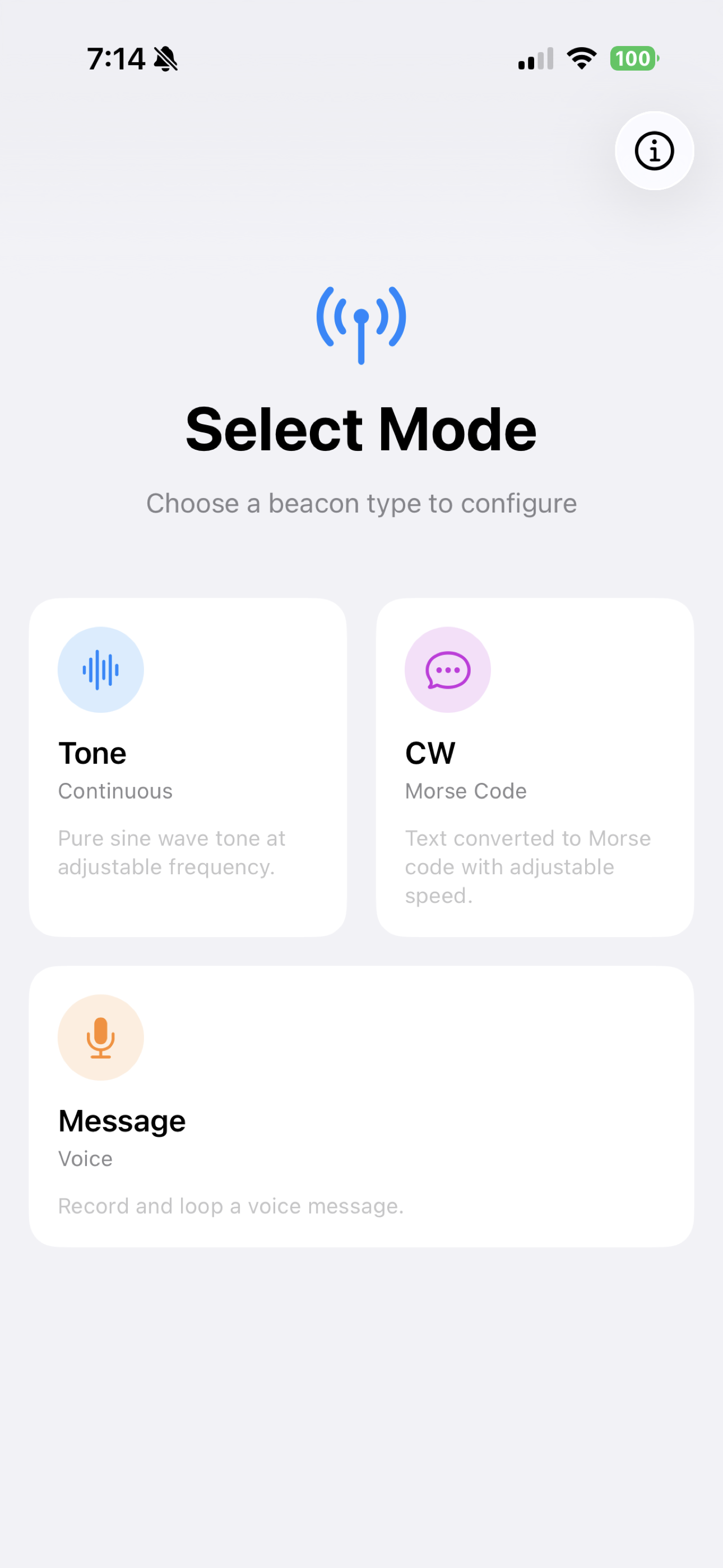 iPhone - Mode Selection screen showing Tone, CW, and Message options
