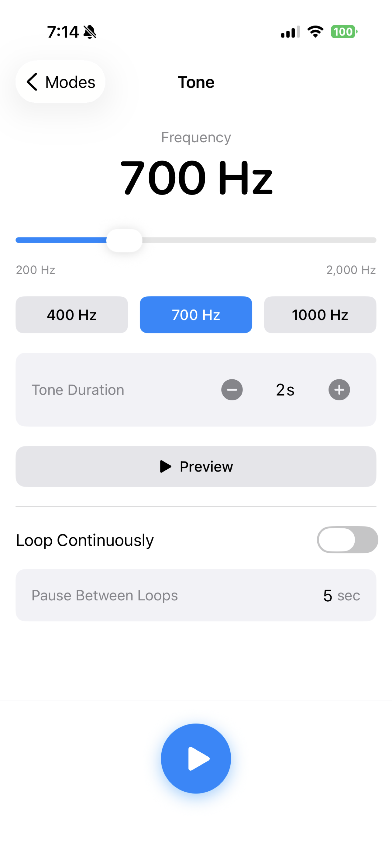 iPhone - Tone mode with frequency slider and cadence controls